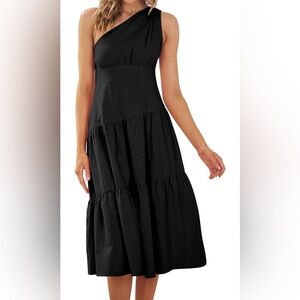 KIRUNDO Women’s DressOne Shoulder Midi Dress Sleeveless Flowy Swing Tiered